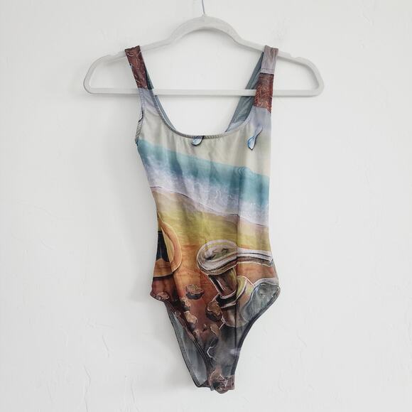 Zara Sleeveless Semi-Sheer Tulle Bodysuit Top with Artists Works Print Small - Picture 2 of 6